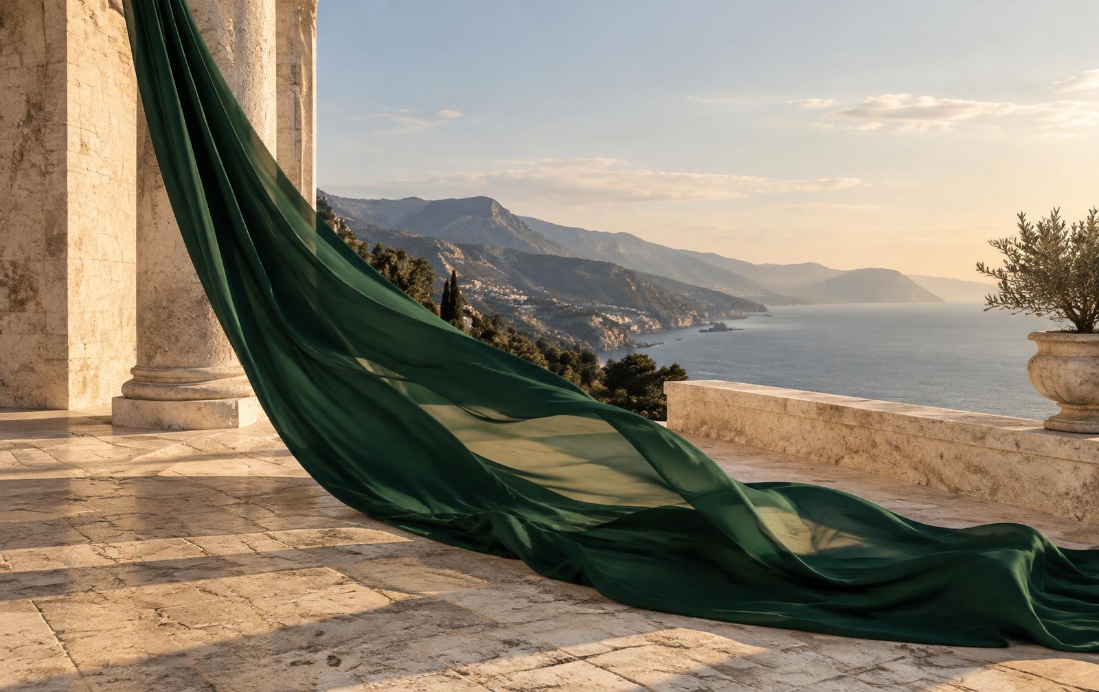 Forest-green silk flowing across a coastal limestone terrace