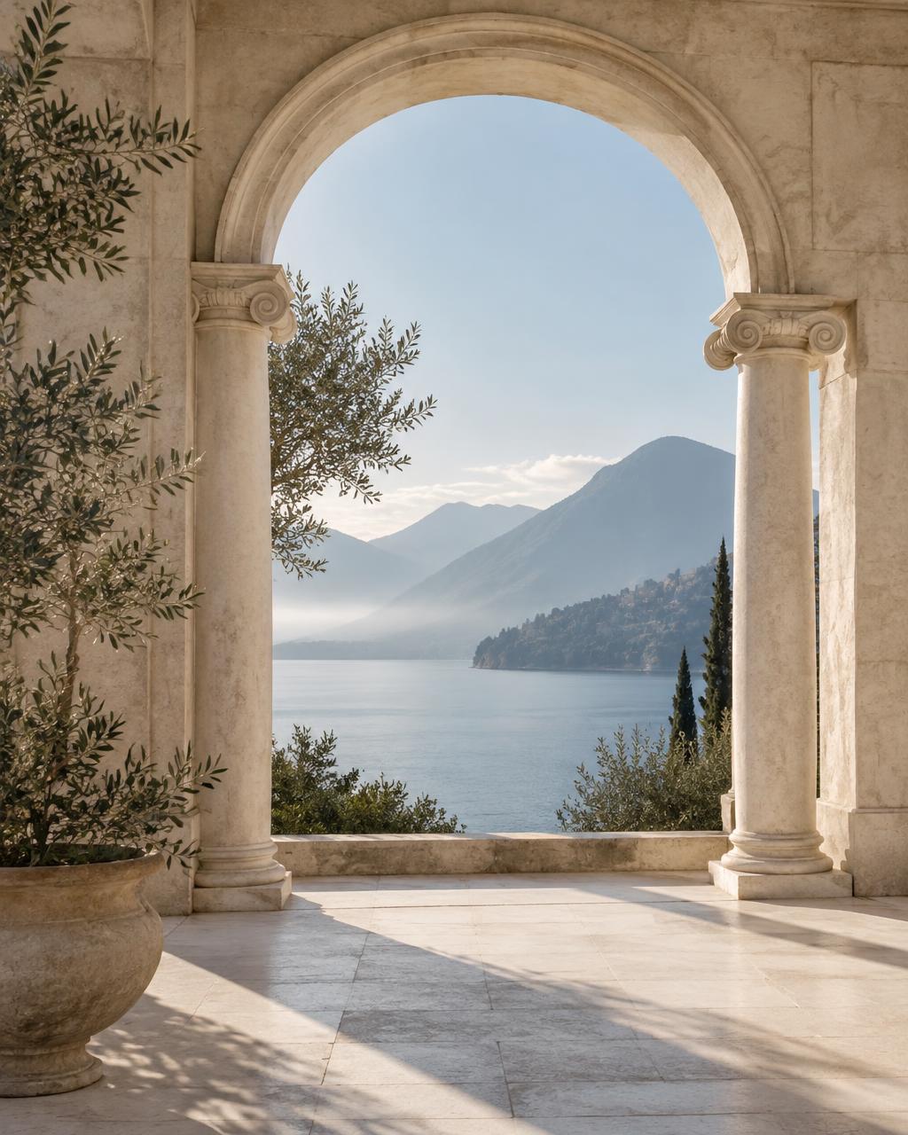 Classical stone arch and columns opening onto a calm lake