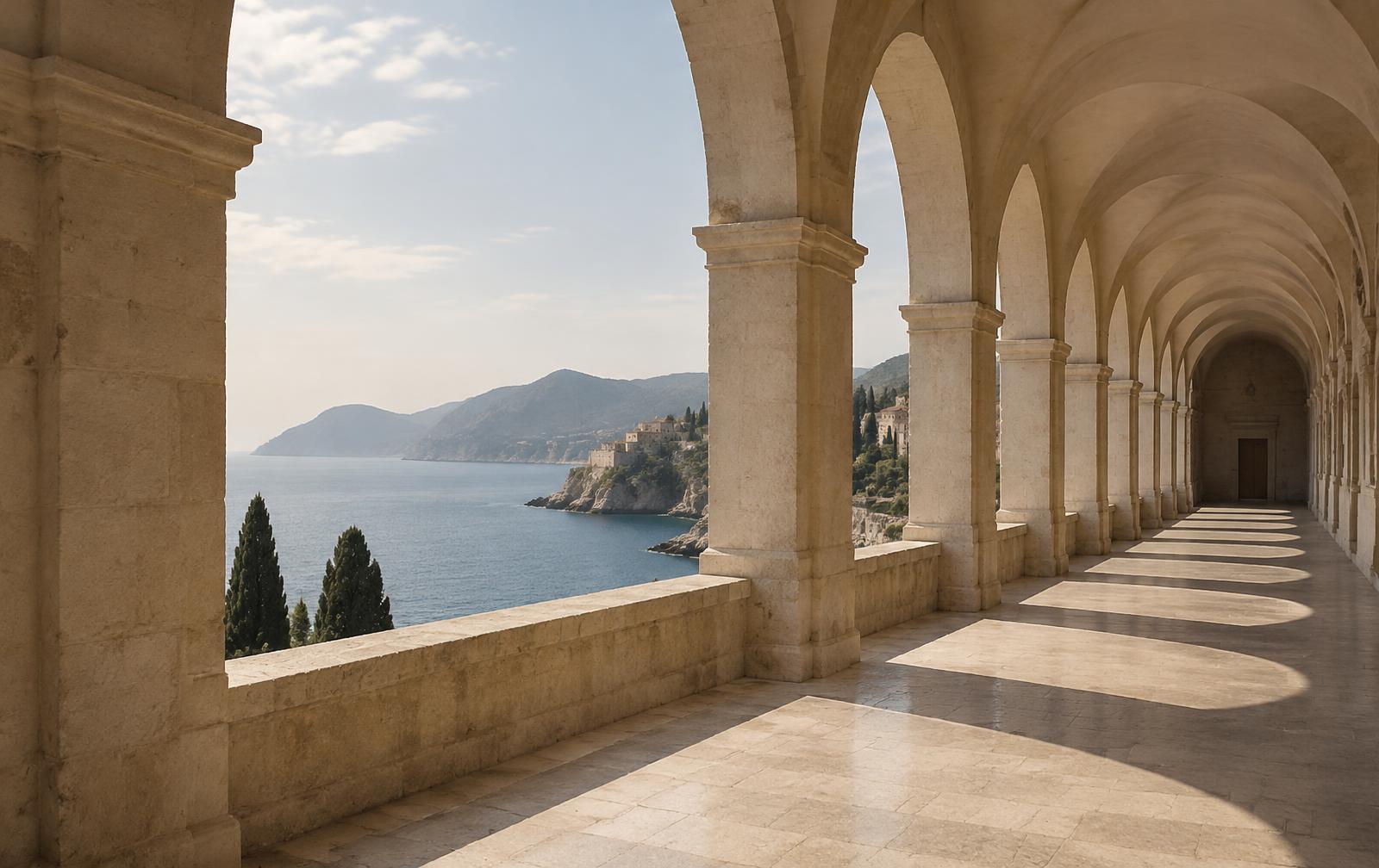 Sunlit stone colonnade above the sea